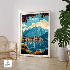 Lugano Print Switzerland showcasing mesmerizing mountains and lakes in a stylish framed artwork.