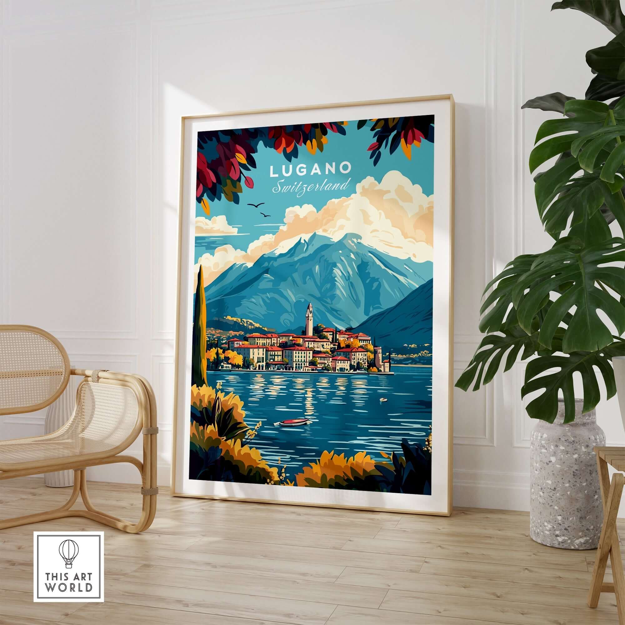 Lugano Print Switzerland showcasing mesmerizing mountains and lakes in a stylish framed artwork.