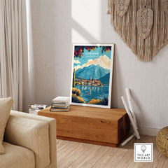 Lugano Print Switzerland depicting the stunning mountains and crystal clear lakes of Lugano in a cozy interior setting.