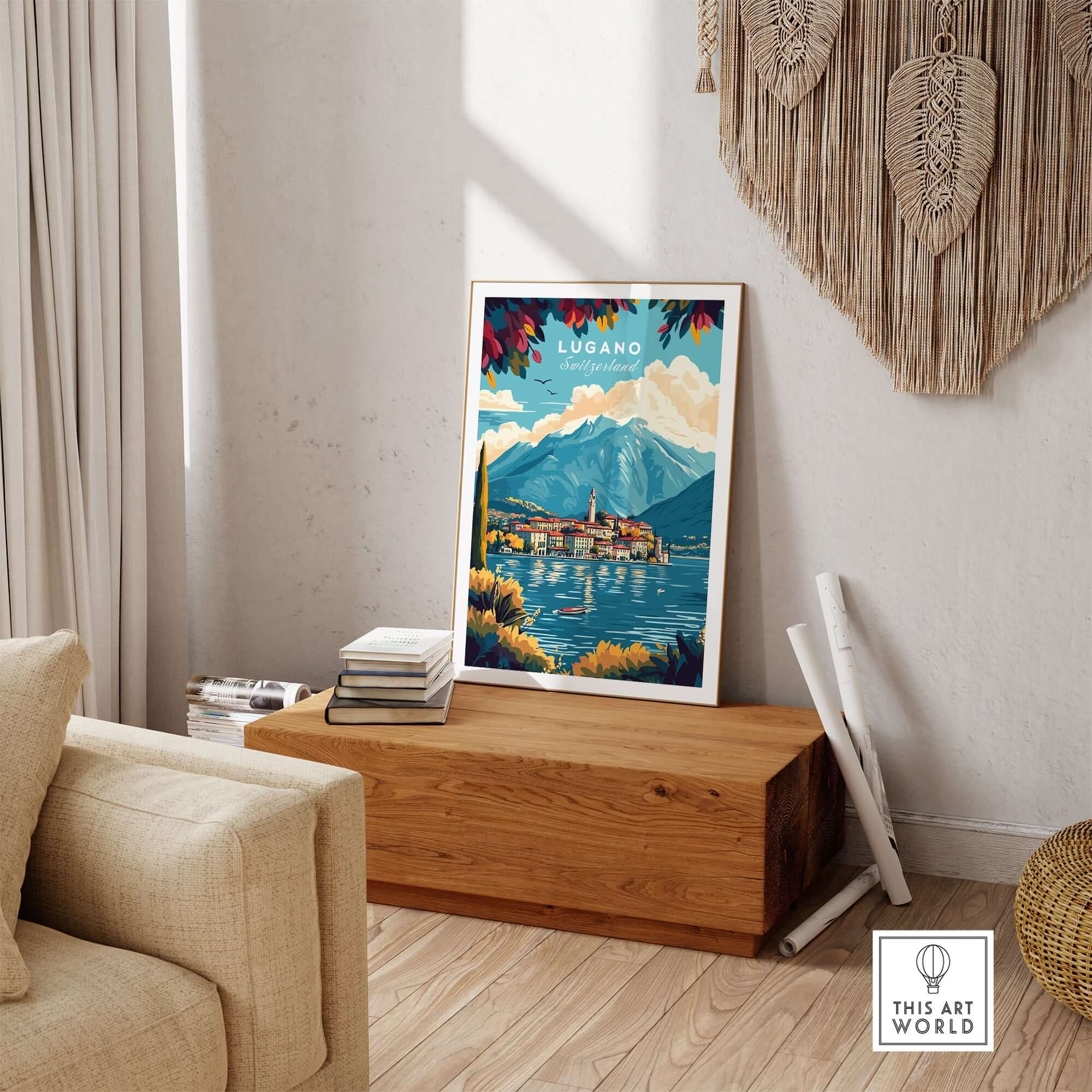 Lugano Print Switzerland depicting the stunning mountains and crystal clear lakes of Lugano in a cozy interior setting.