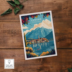Lugano Print Switzerland featuring picturesque views of mountains and lakes in a colorful art design.