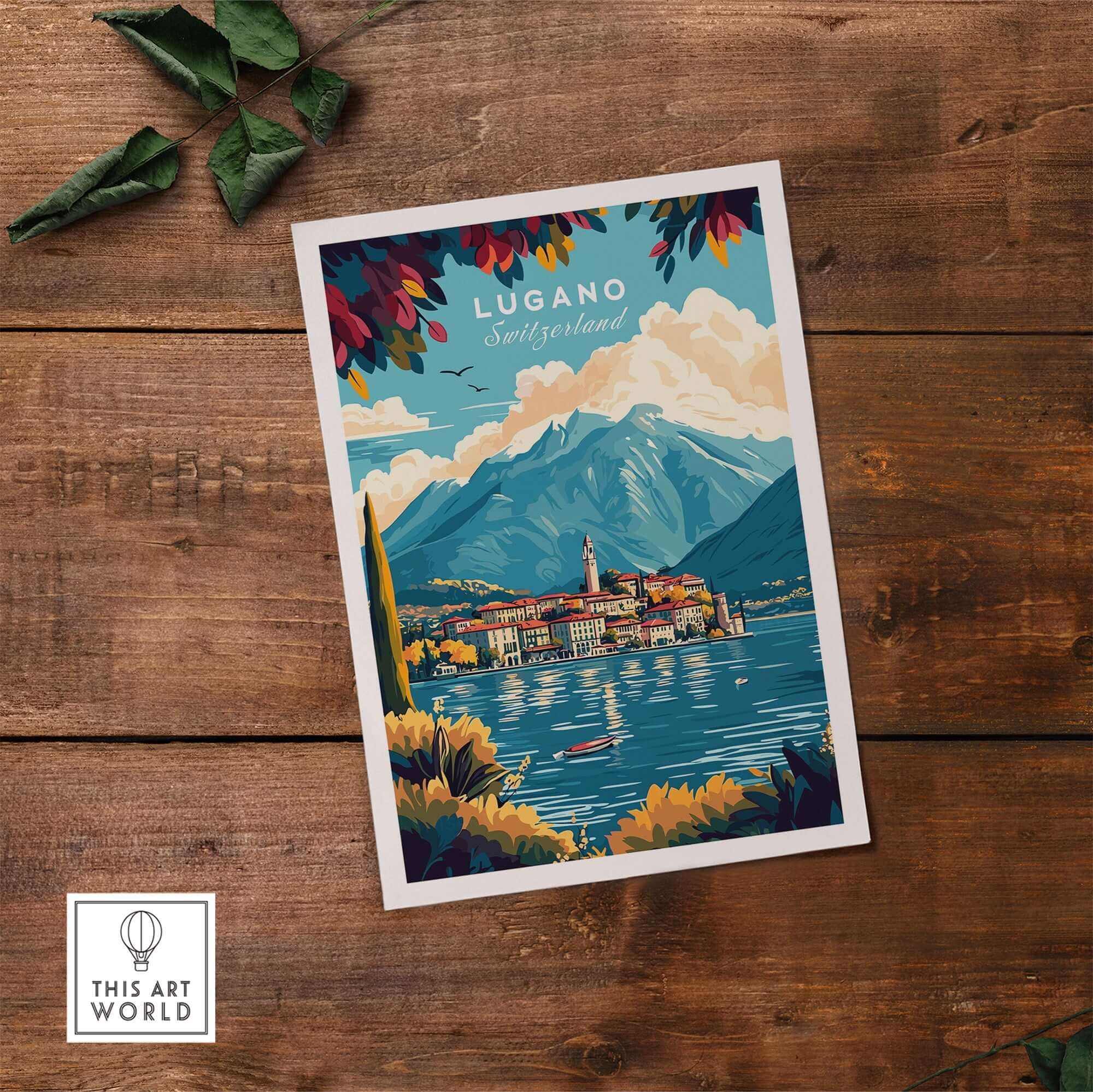 Lugano Print Switzerland featuring picturesque views of mountains and lakes in a colorful art design.