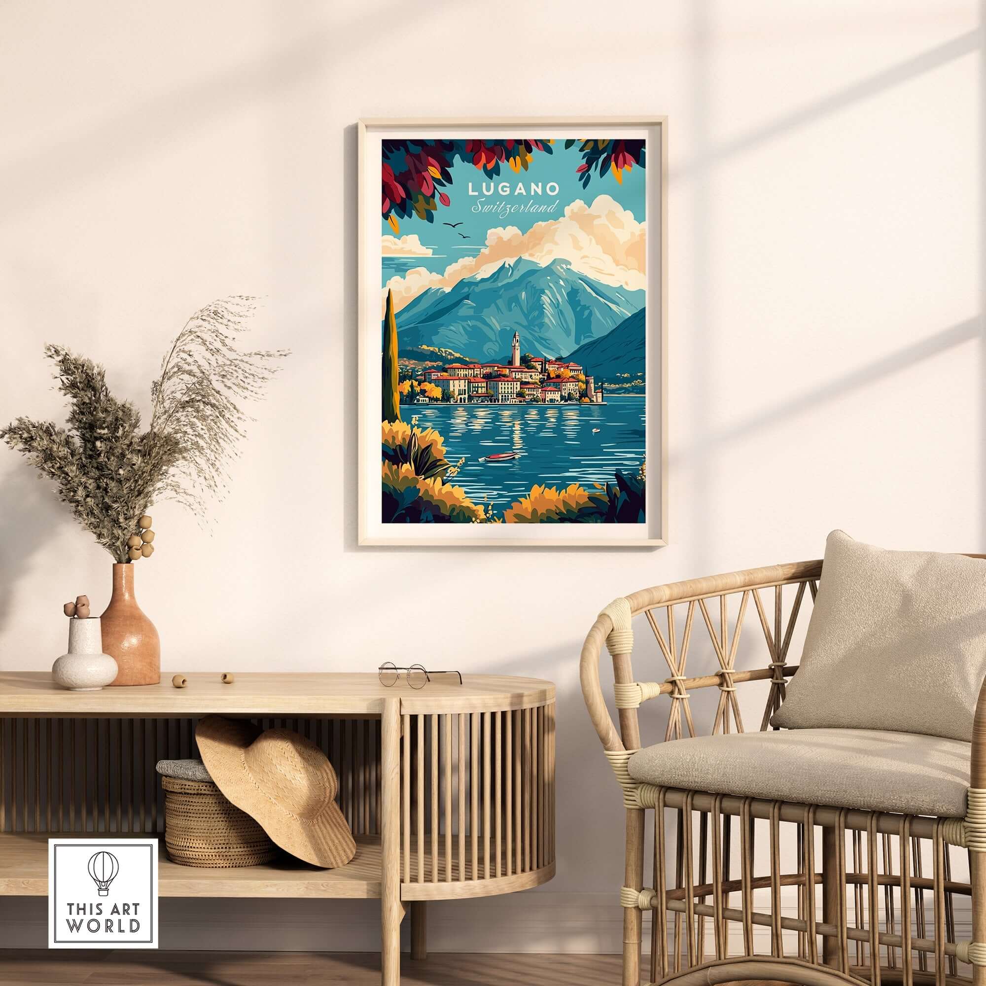Lugano Print Switzerland displayed in a stylish interior with mountains and lakes, inspiring wanderlust.