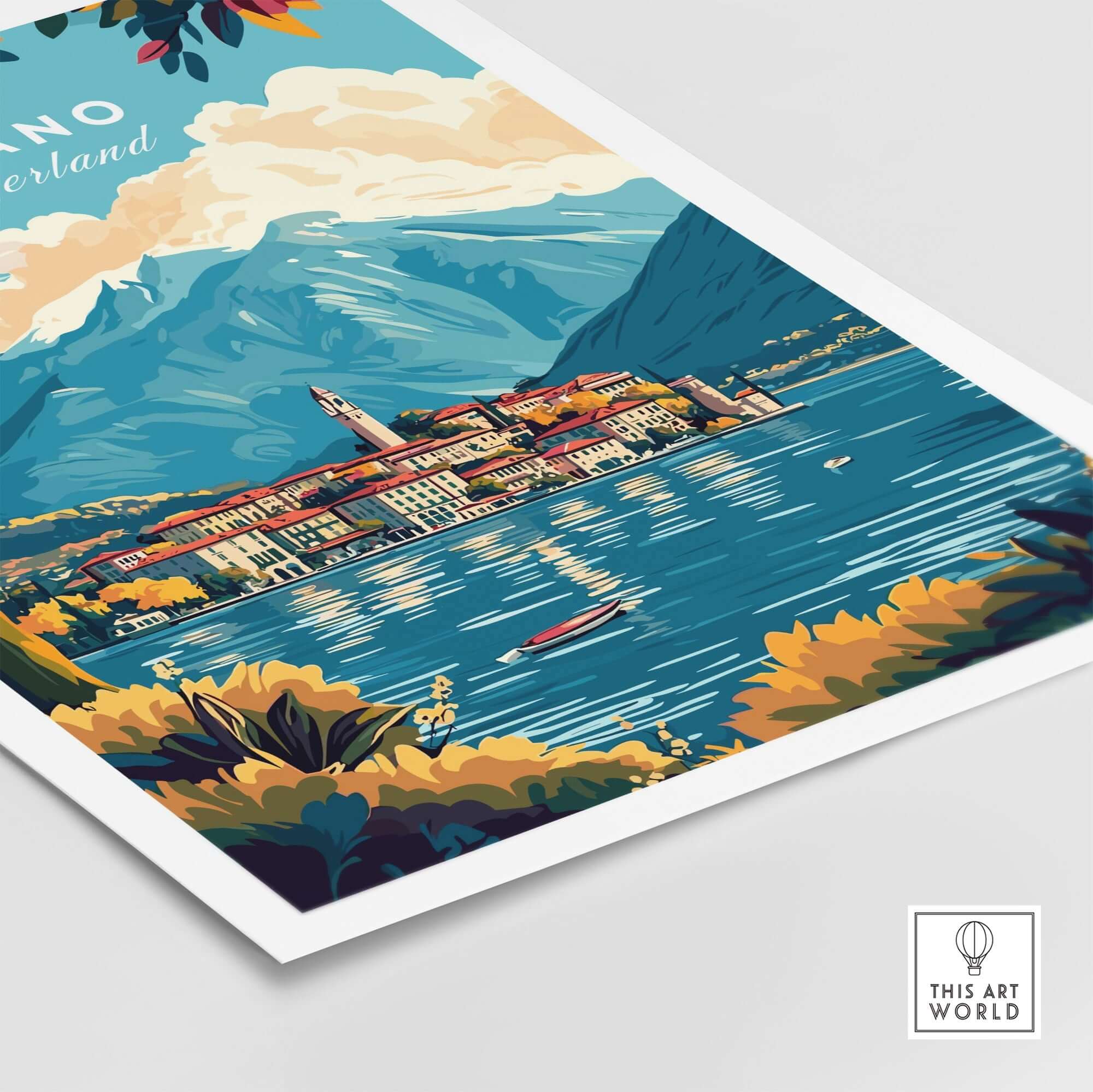 Lugano Print Switzerland showcasing vibrant mountains, clear lakes, and charming village scenery.