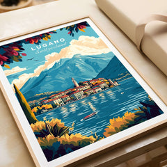 Lugano Print Switzerland showcasing the stunning landscape of Lugano with mountains and lakes, perfect for home decor.