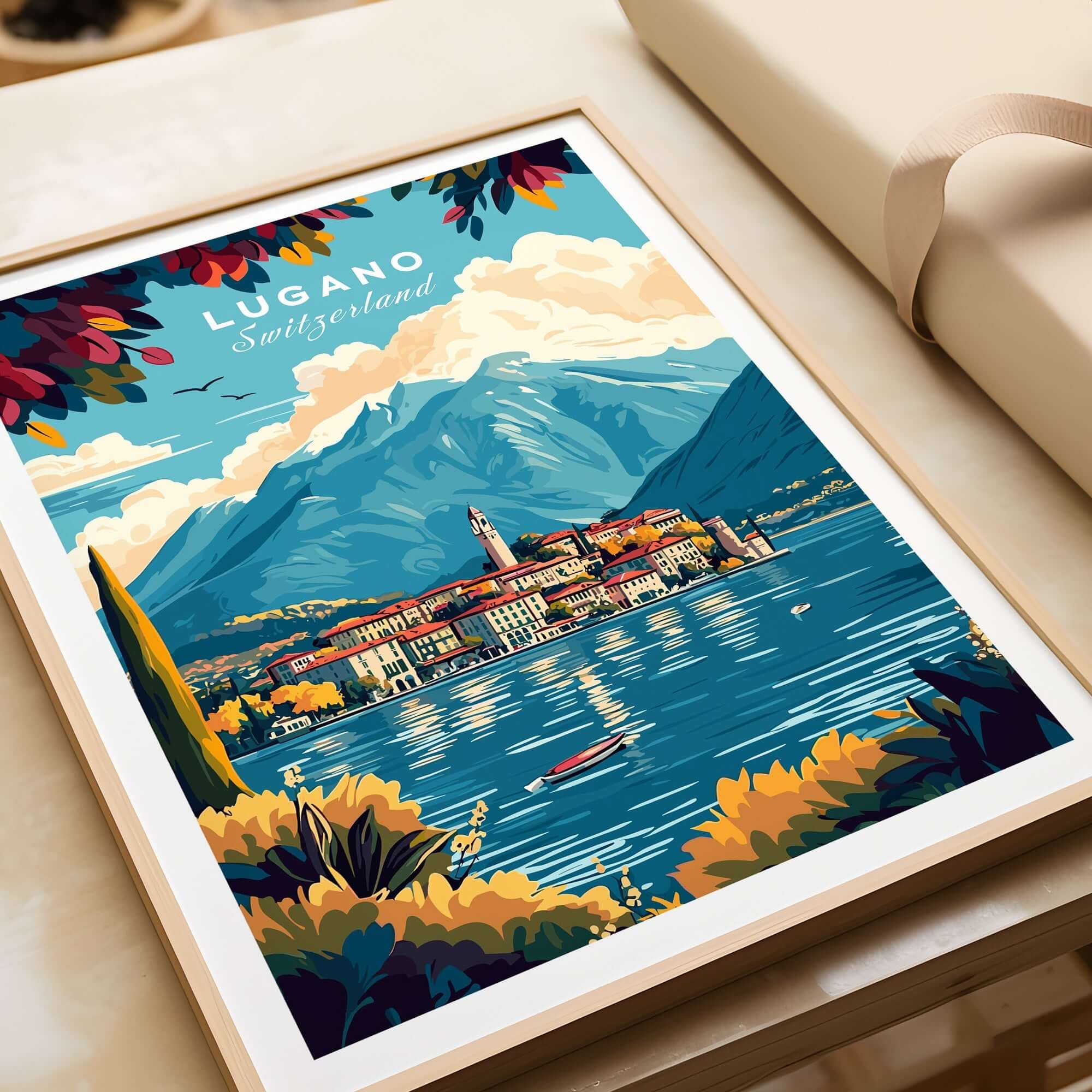 Lugano Print Switzerland showcasing the stunning landscape of Lugano with mountains and lakes, perfect for home decor.