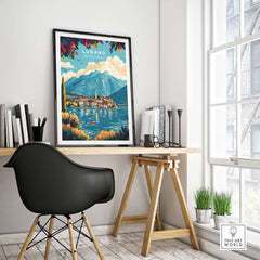 Lugano Print Switzerland displayed on a wall above a stylish desk, showcasing the stunning beauty of Lugano.