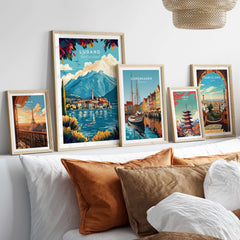 Lugano Print Switzerland displayed among other European city prints on a cozy wall.