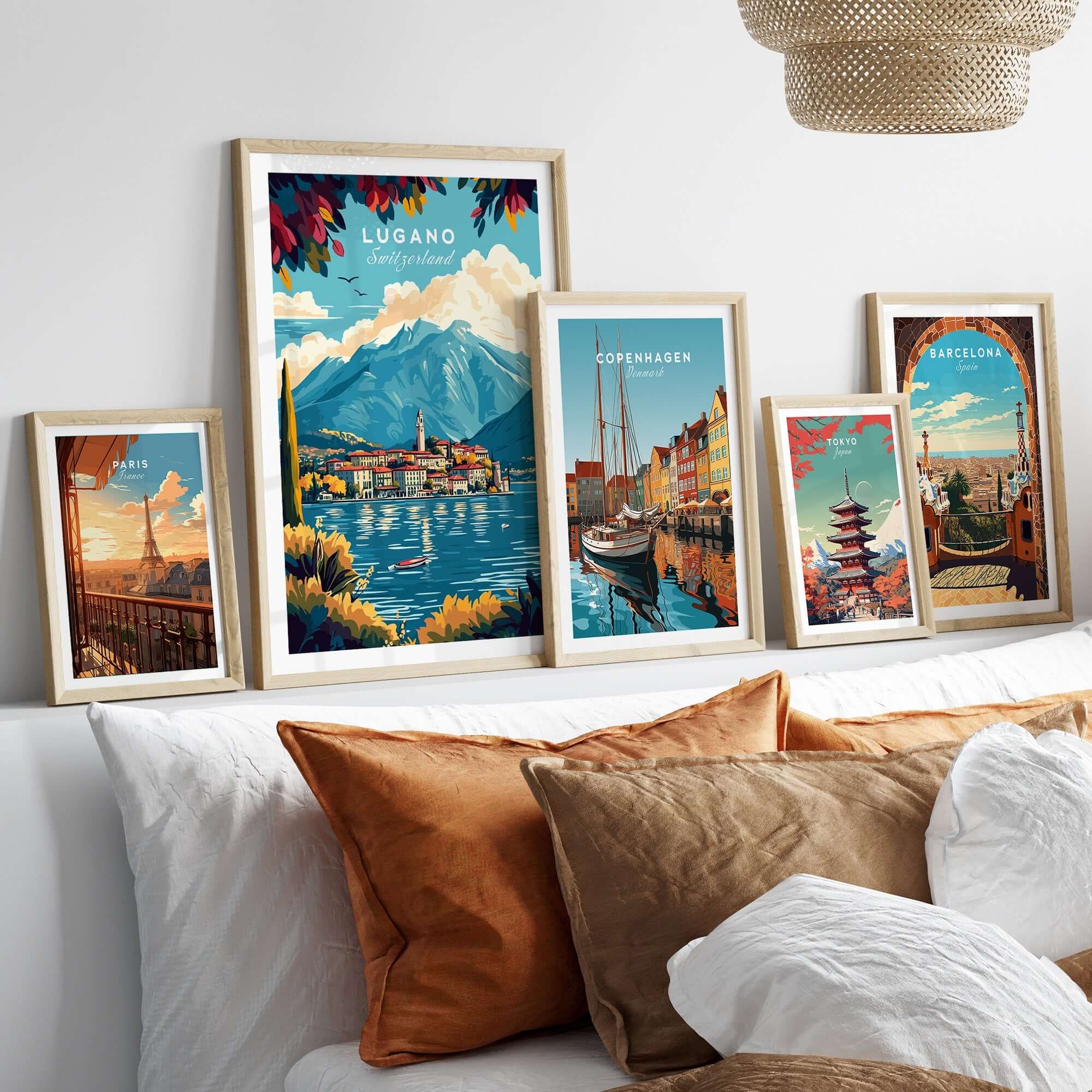 Lugano Print Switzerland displayed among other European city prints on a cozy wall.