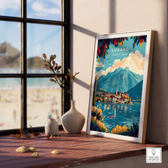 Lugano Print Switzerland displayed in a stylish interior with a view of mountains and a lake.