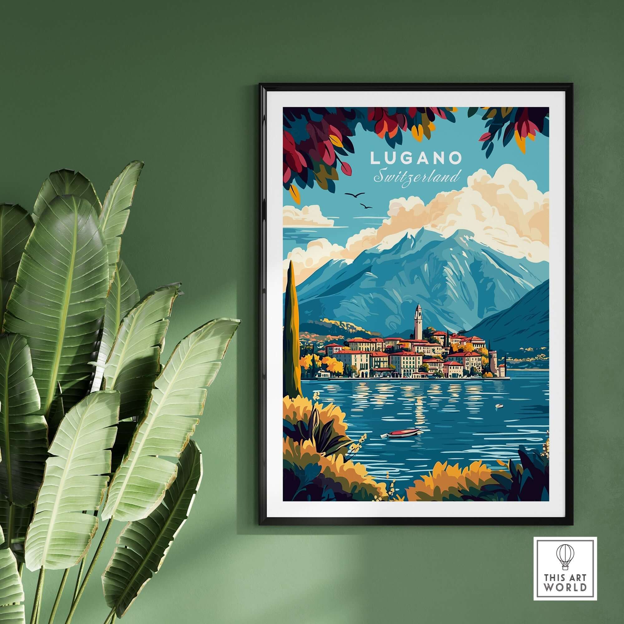 Lugano Print Switzerland featuring vibrant landscapes of mountains and lakes in a beautifully framed print.