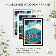 Handmade wooden frames in natural, white, and black for Lugano Print Switzerland, sustainably sourced with clear glaze.