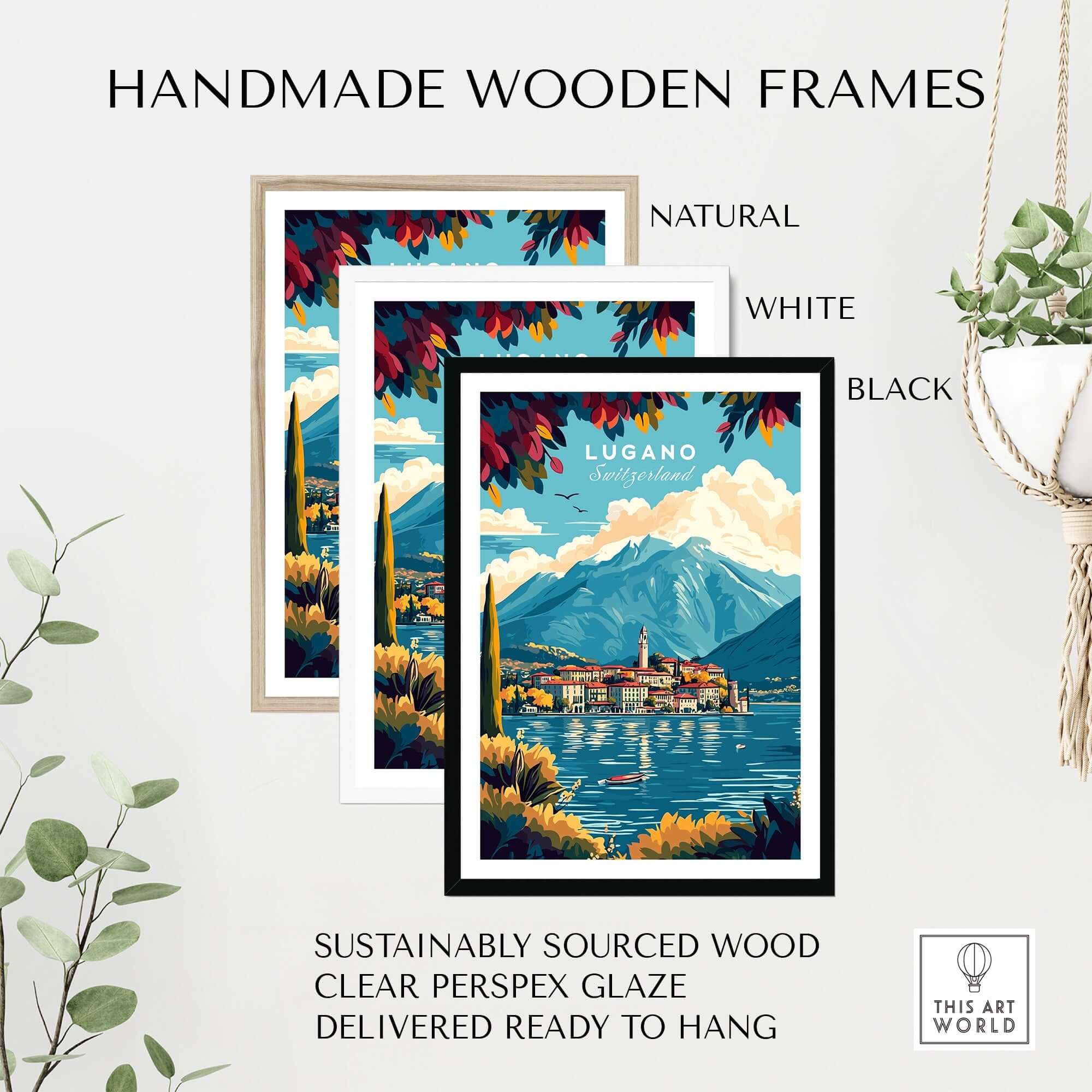 Handmade wooden frames in natural, white, and black for Lugano Print Switzerland, sustainably sourced with clear glaze.