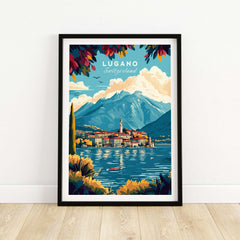 Lugano Print Switzerland showcasing picturesque mountains and lake in vibrant colors, perfect for home decor.