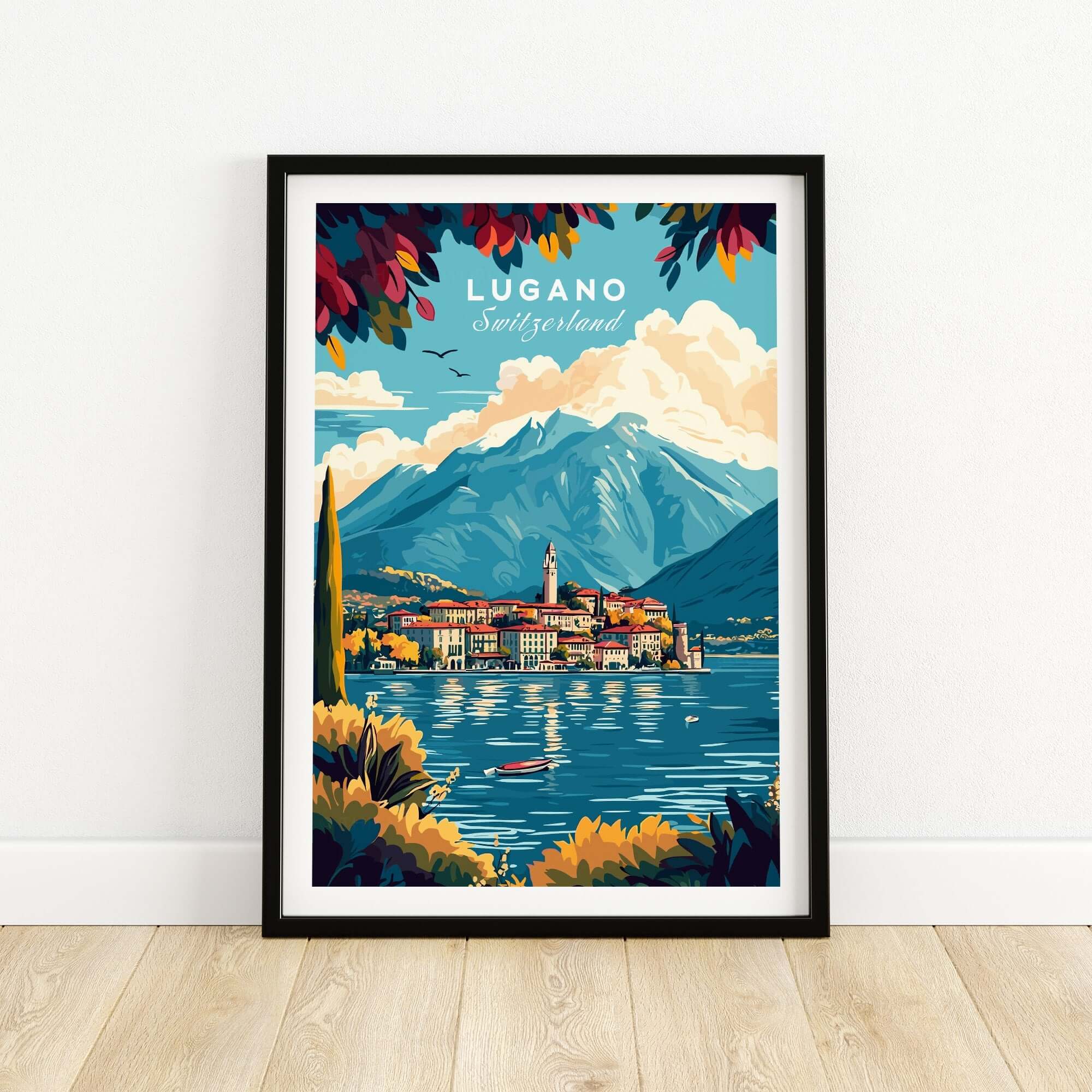 Lugano Print Switzerland showcasing picturesque mountains and lake in vibrant colors, perfect for home decor.