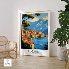 Lugano Travel Poster showcasing the picturesque scenery of Lugano, Switzerland, perfect for travel enthusiasts.