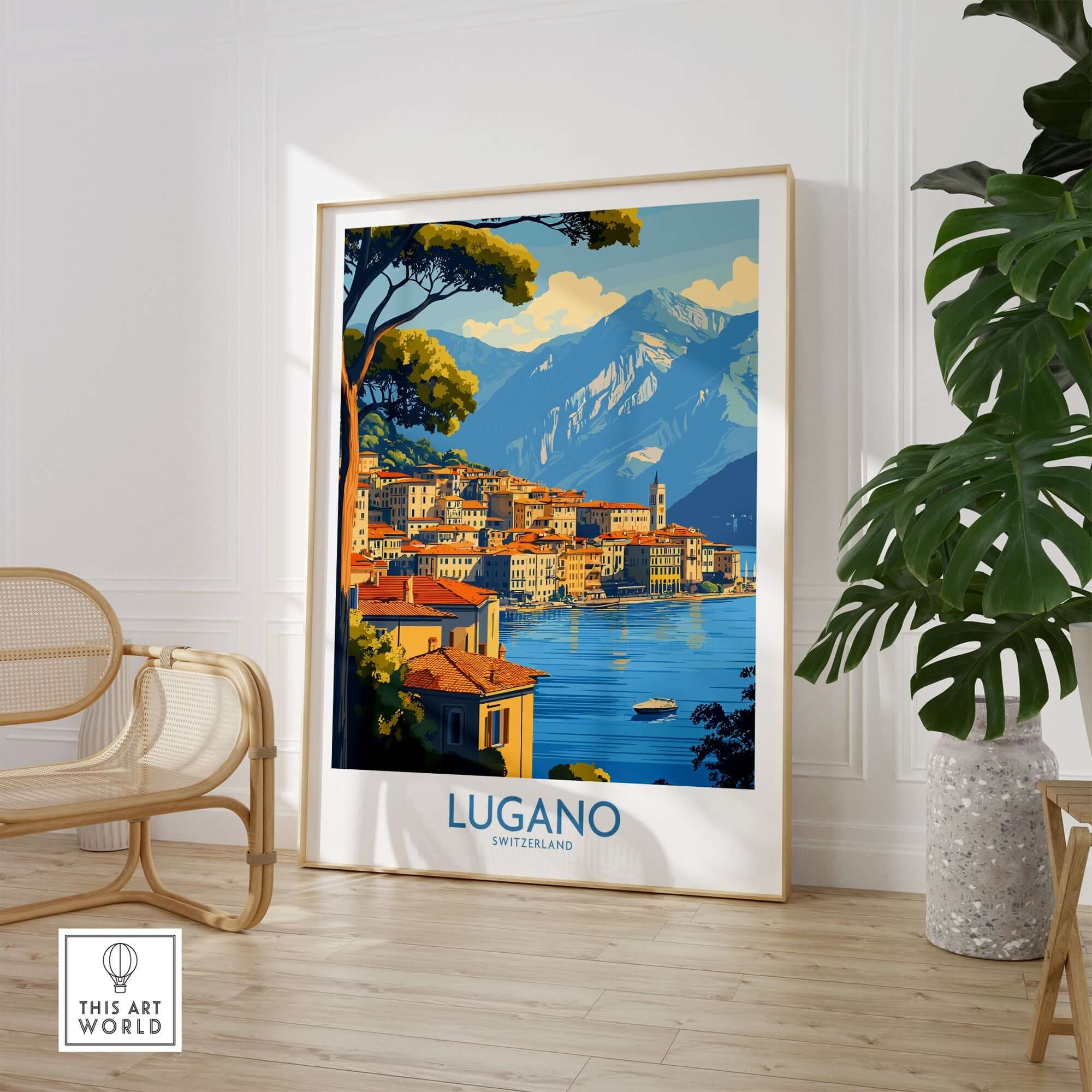 Lugano Travel Poster showcasing the picturesque scenery of Lugano, Switzerland, perfect for travel enthusiasts.