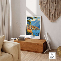 Lugano Travel Poster displayed in a stylish living room setting, showcasing the beauty of Lugano.