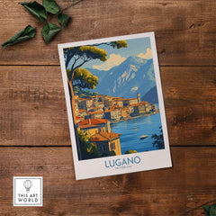Lugano Travel Poster showcasing the stunning scenery of Lugano, Switzerland on a wooden table.