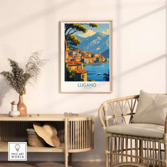 Lugano Travel Poster displayed in a stylish living room, showcasing the beauty of Lugano.