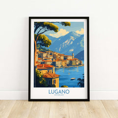 Lugano Travel Poster showcasing the picturesque lakeside scenery of Lugano, Switzerland framed for display.