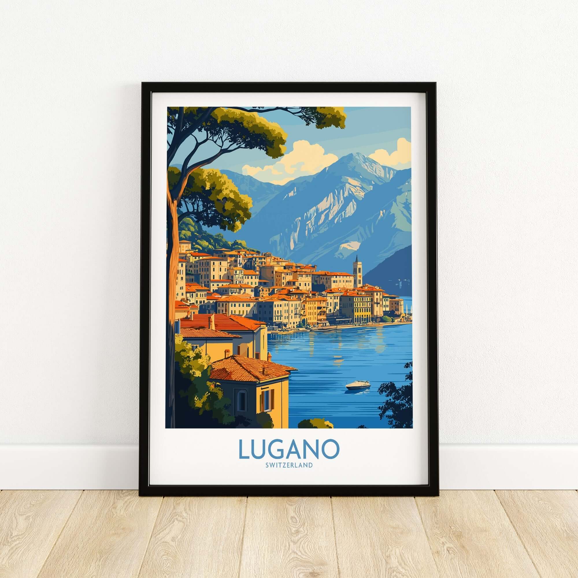 Lugano Travel Poster showcasing the picturesque lakeside scenery of Lugano, Switzerland framed for display.