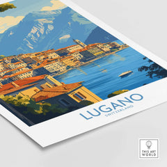 Lugano Travel Poster showcasing the picturesque scenery of Lugano, Switzerland with vibrant colors.