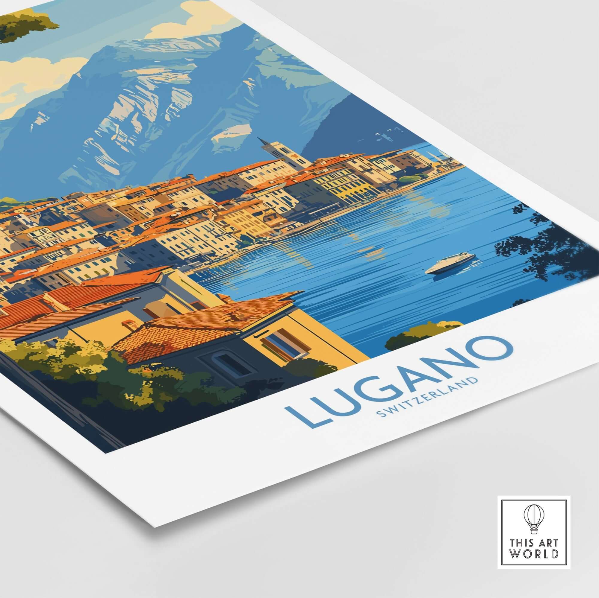 Lugano Travel Poster showcasing the picturesque scenery of Lugano, Switzerland with vibrant colors.