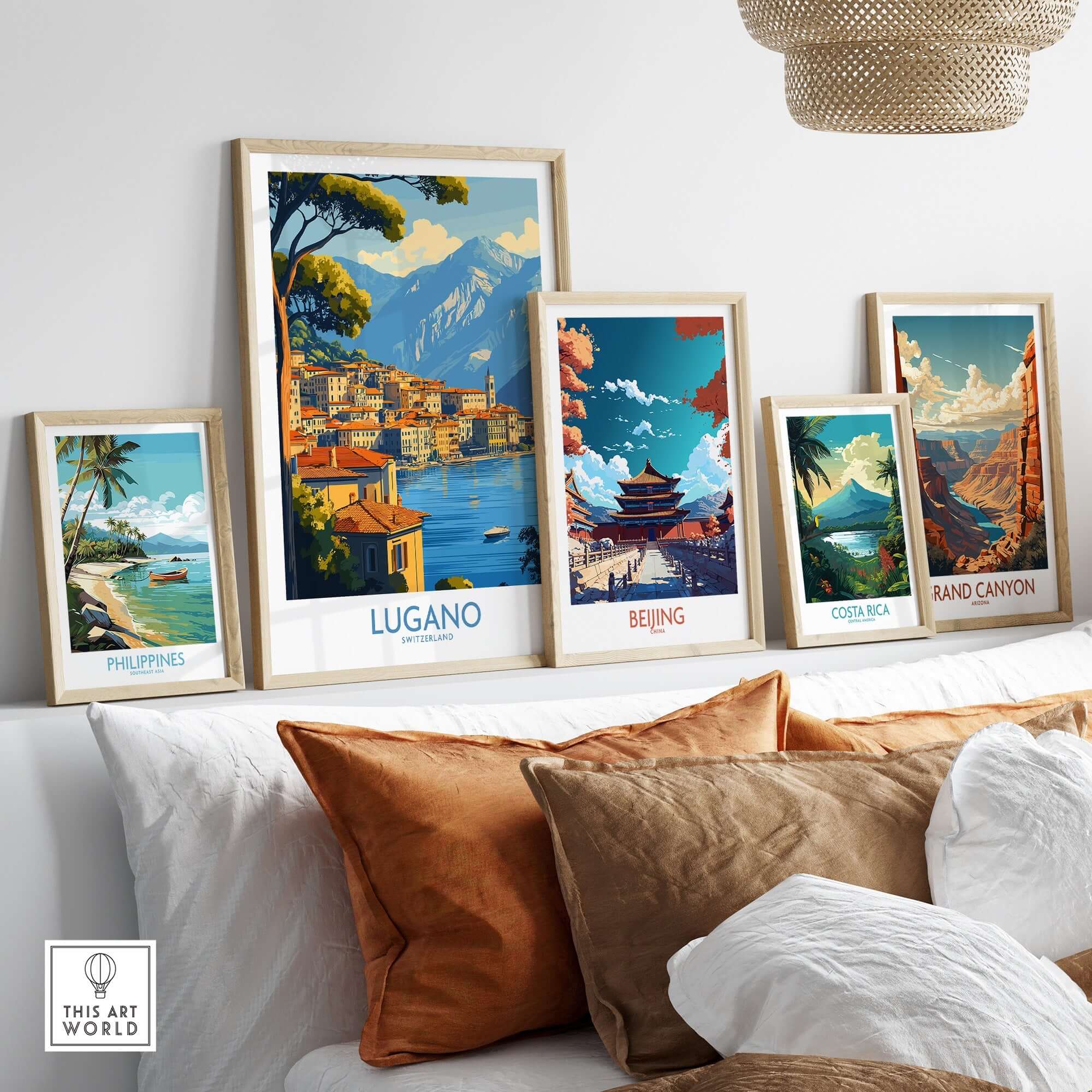 Lugano Travel Poster displayed among other travel posters on a stylish home decor setup.