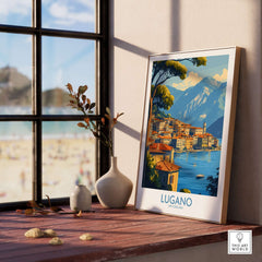 Lugano Travel Poster featuring scenic view of Lugano, Switzerland, displayed in a sunlit room with plants.
