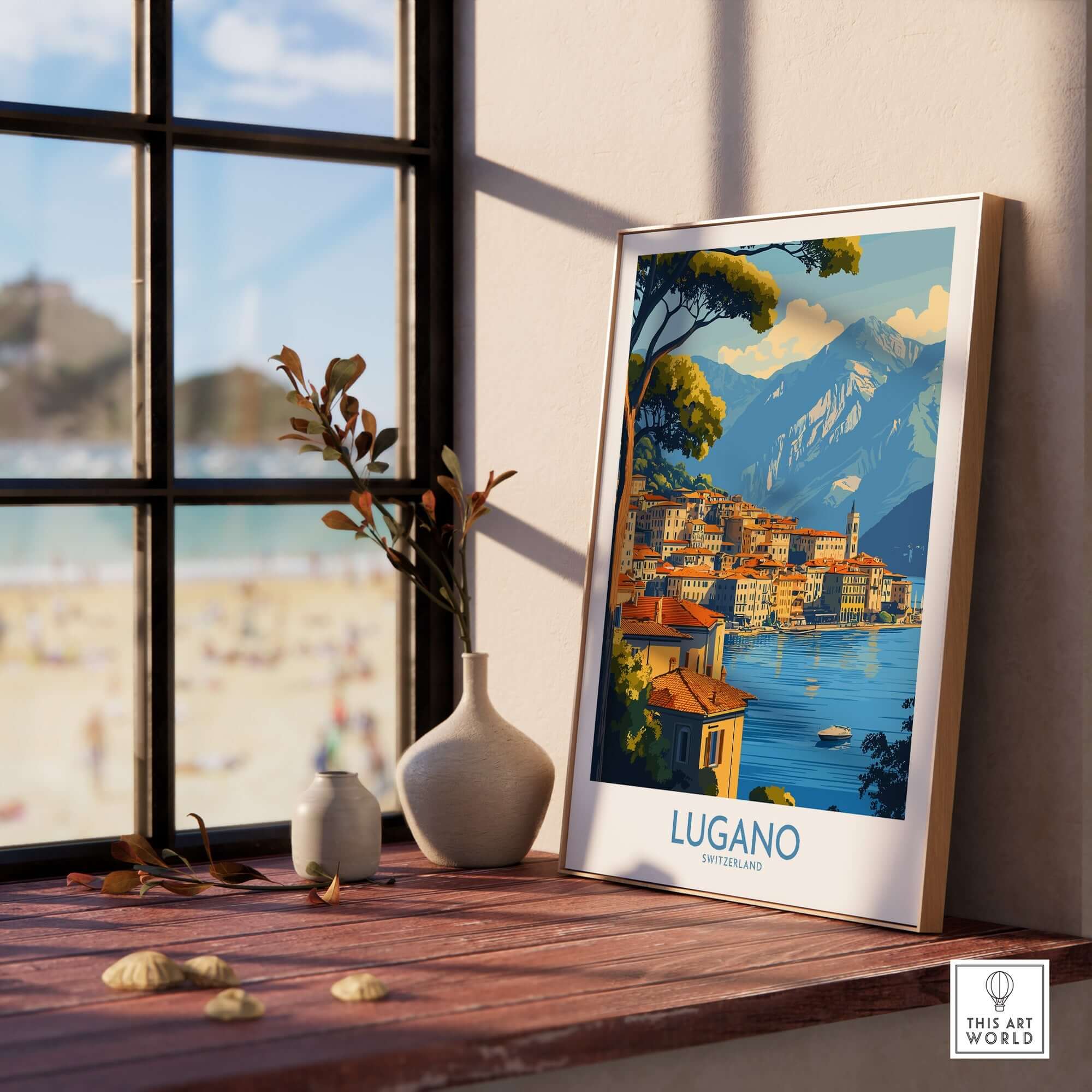 Lugano Travel Poster featuring scenic view of Lugano, Switzerland, displayed in a sunlit room with plants.