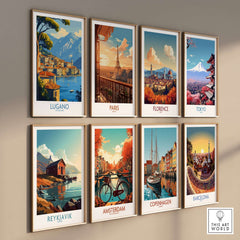 Lugano Travel Poster featuring serene lakeside views and vibrant cityscape, perfect for travel enthusiasts.