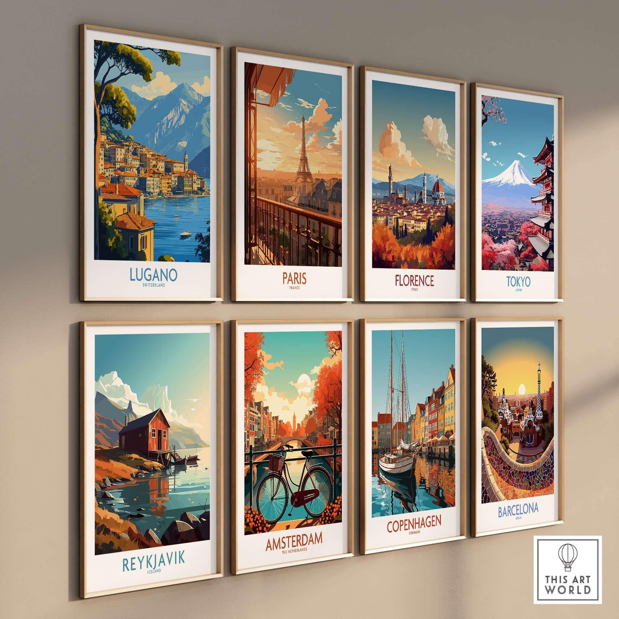 Lugano Travel Poster featuring serene lakeside views and vibrant cityscape, perfect for travel enthusiasts.