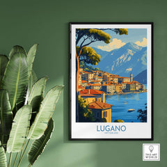 Lugano Travel Poster featuring scenic views of Lugano, Switzerland, perfect for home or office decor.