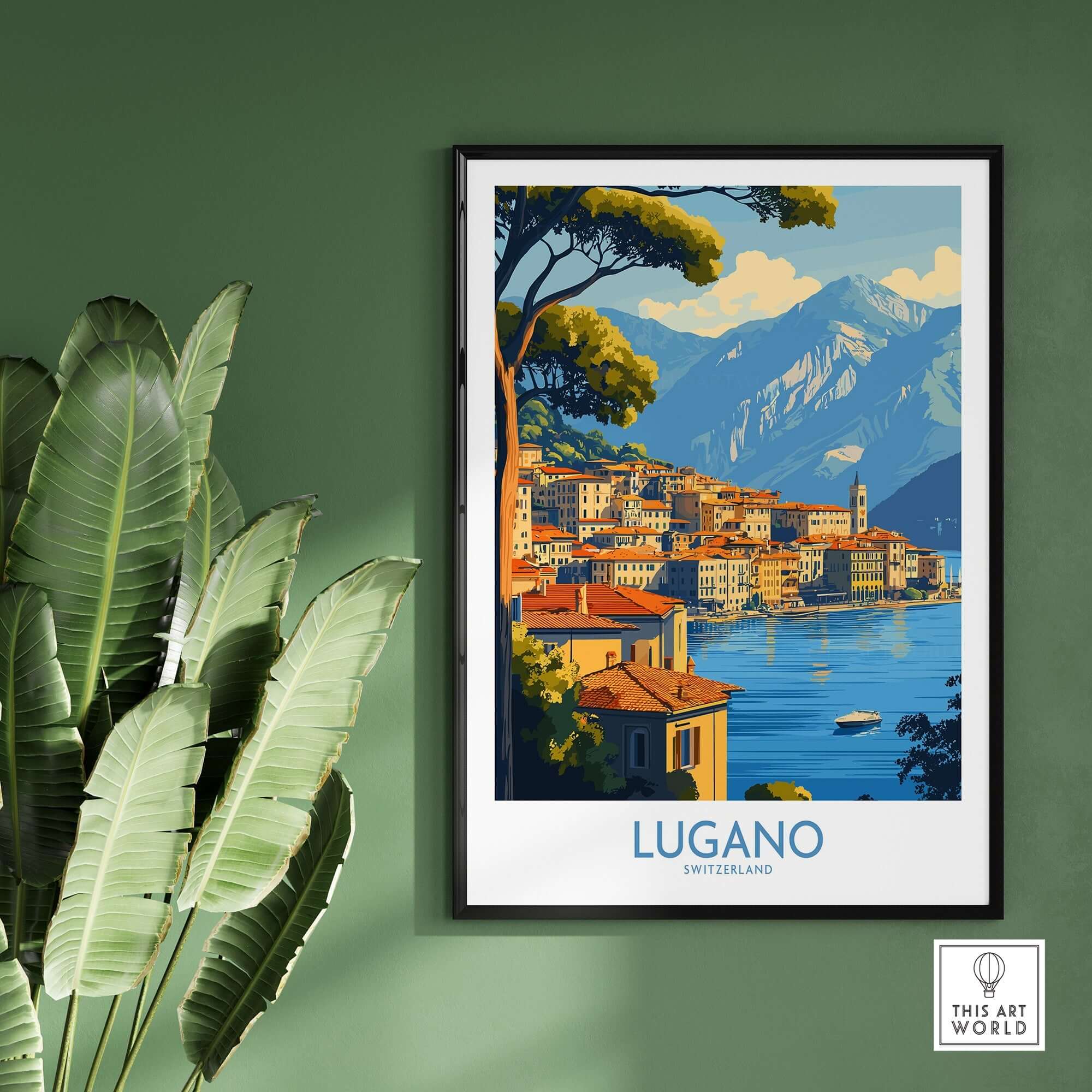 Lugano Travel Poster featuring scenic views of Lugano, Switzerland, perfect for home or office decor.