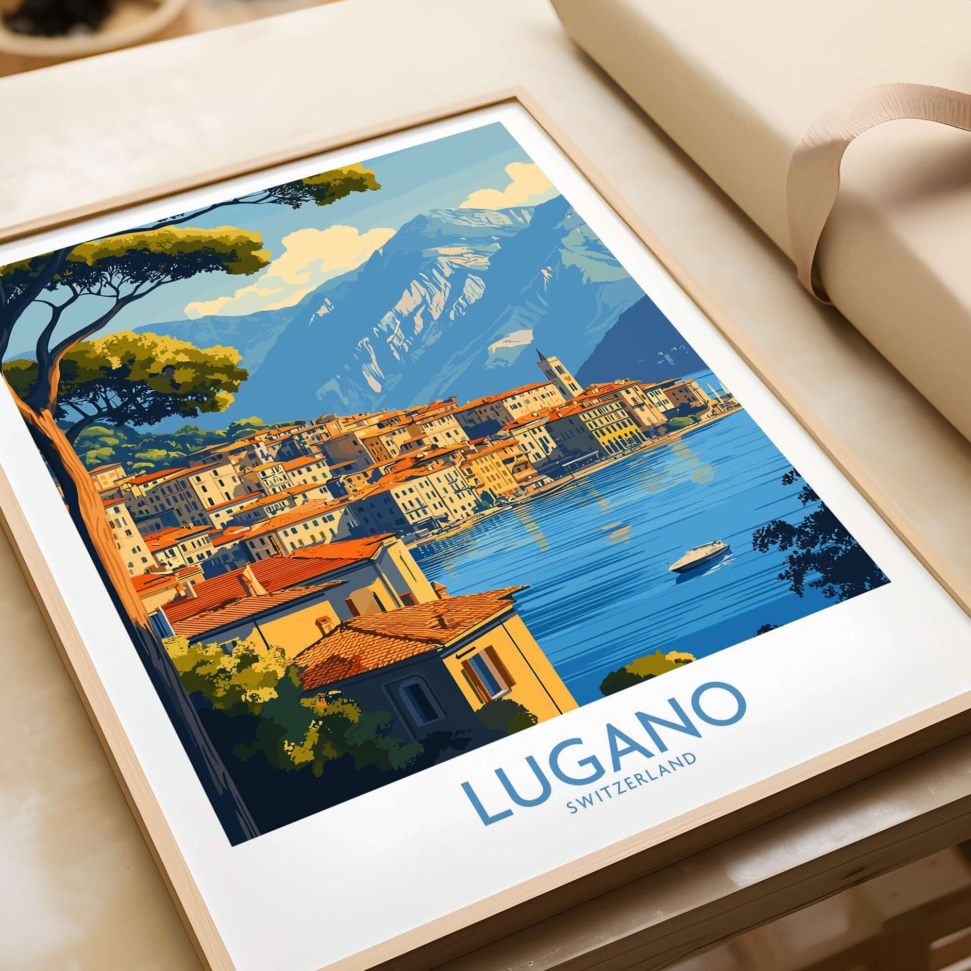 Lugano Travel Poster showcasing the scenic beauty of Lugano, Switzerland with vibrant colors and picturesque landscapes.