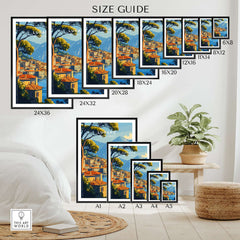Size guide for Lugano Travel Print showcasing various frame sizes and styles for decoration.