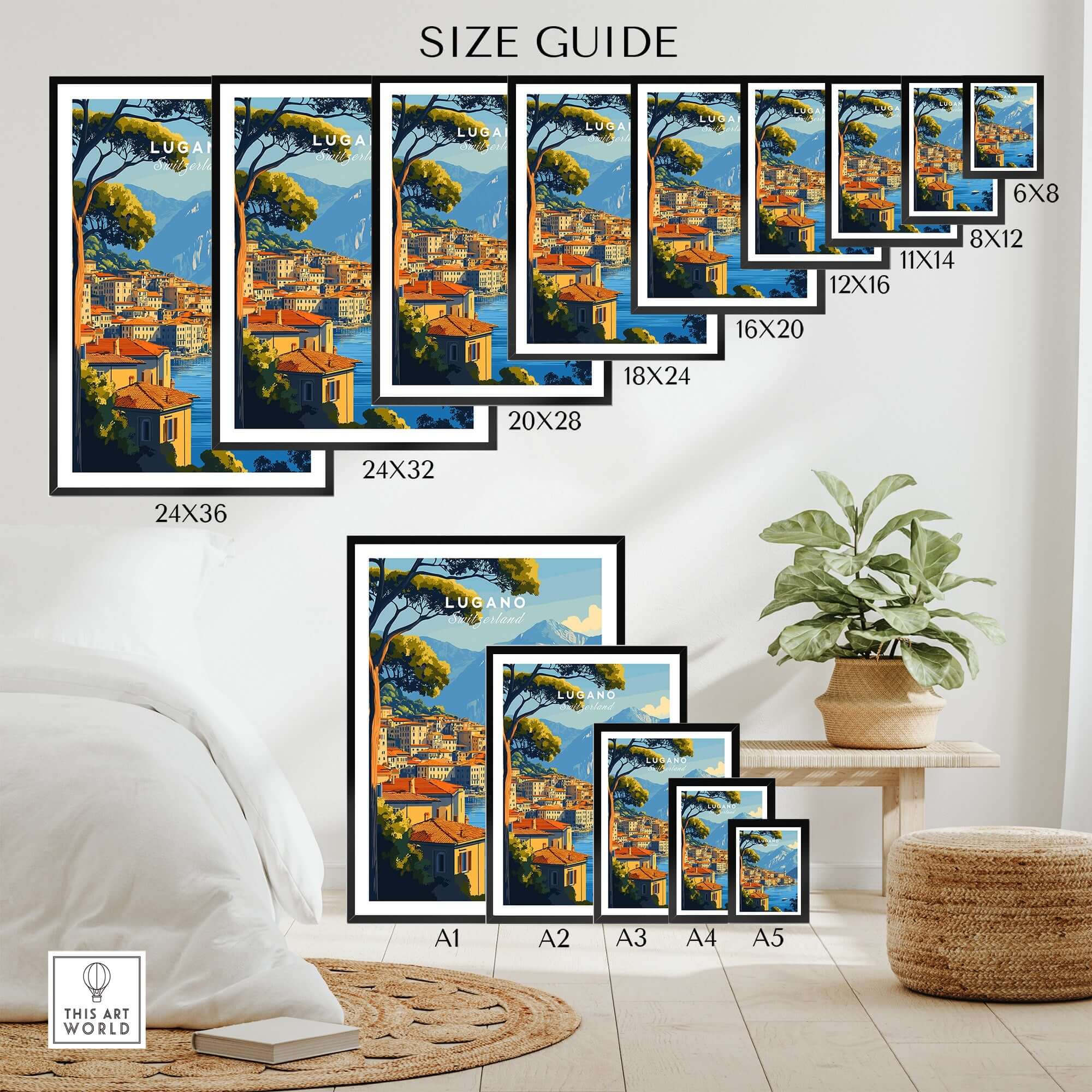 Size guide for Lugano Travel Print showcasing various frame sizes and styles for decoration.