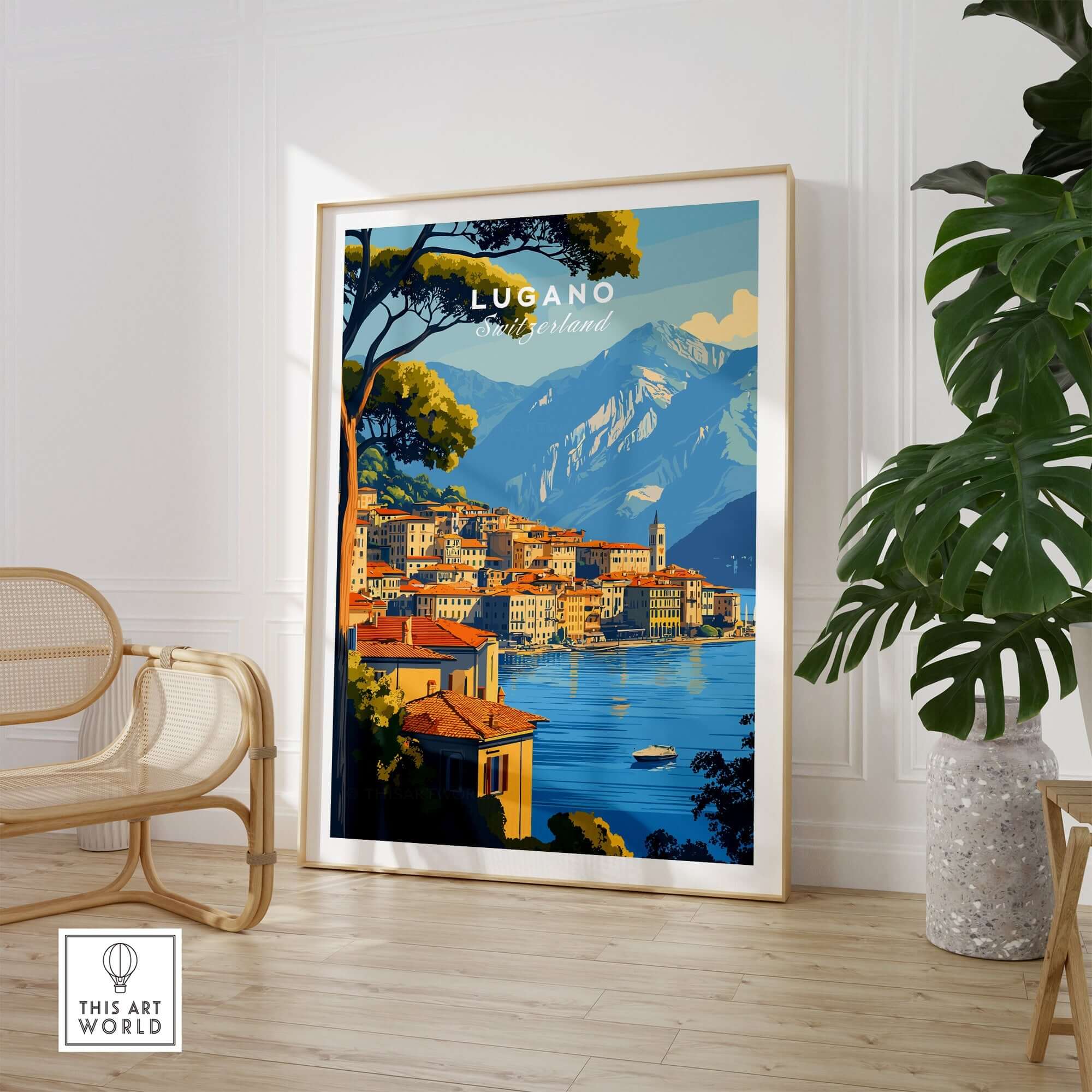 Lugano Travel Print showcasing picturesque lake view and mountains, perfect for adding wanderlust decor.