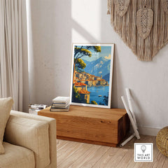 Lugano Travel Print displayed in a cozy living room, enhancing the decor with a touch of wanderlust.