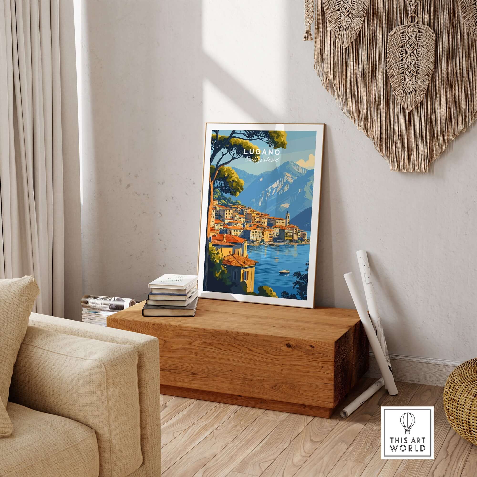Lugano Travel Print displayed in a cozy living room, enhancing the decor with a touch of wanderlust.