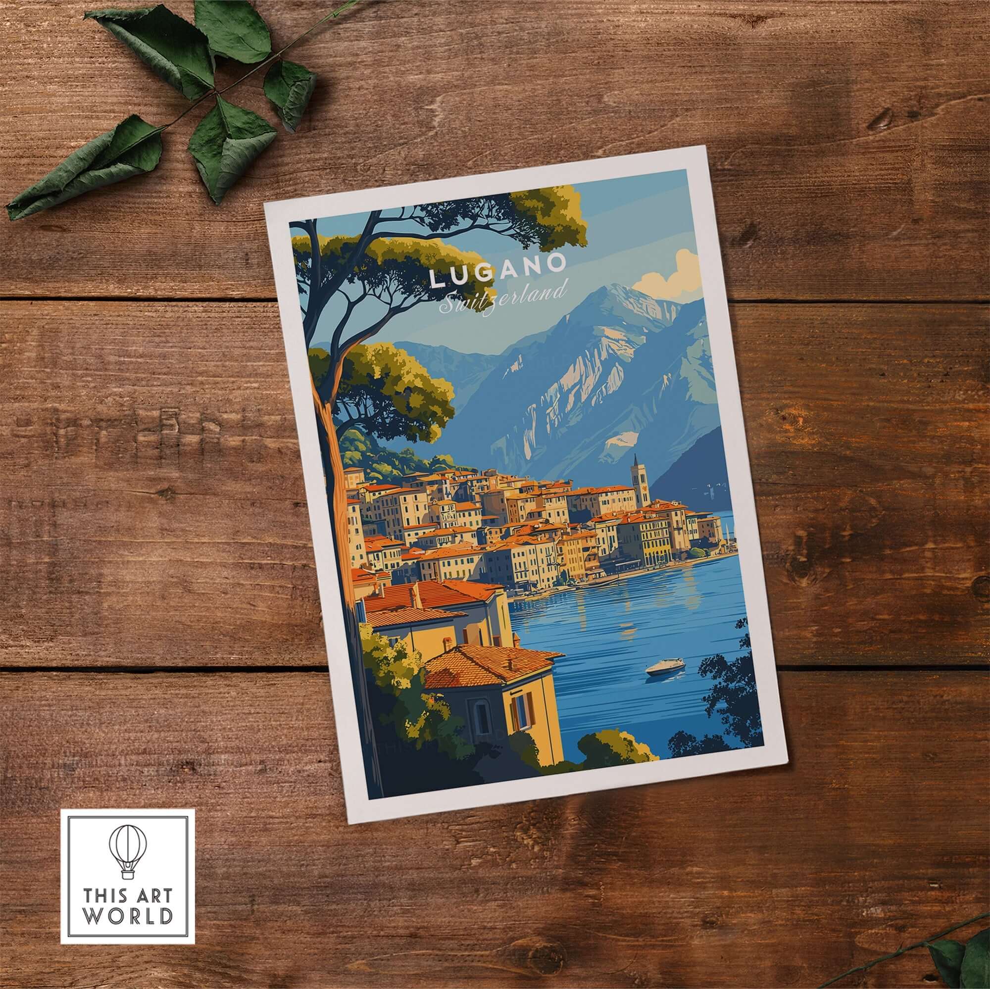 Lugano Travel Print featuring a picturesque view of Lugano, Switzerland with vibrant colors and mountain backdrop.