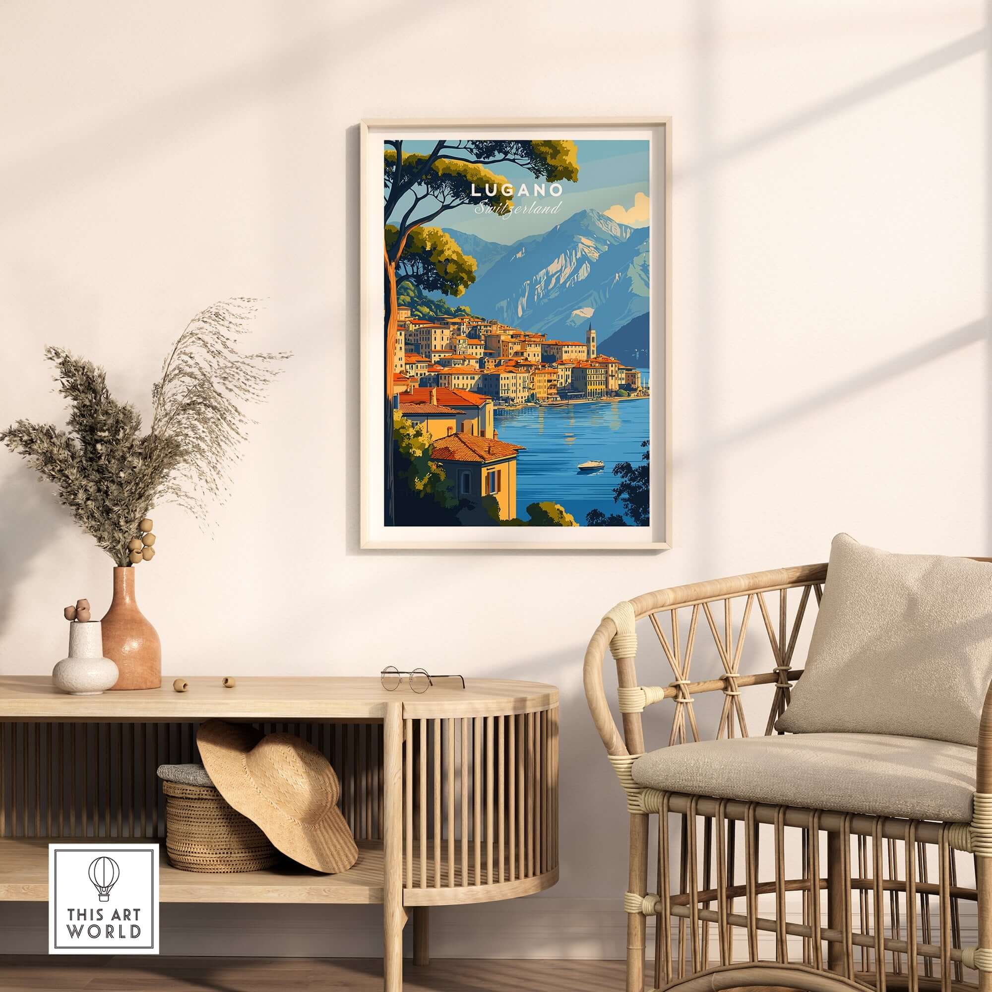 Lugano Travel Print displayed in a modern living space, showcasing Swiss scenery and vibrant colors.