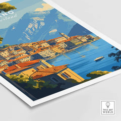 Lugano Travel Print featuring a scenic view of Lugano, Switzerland with mountains and a lake.