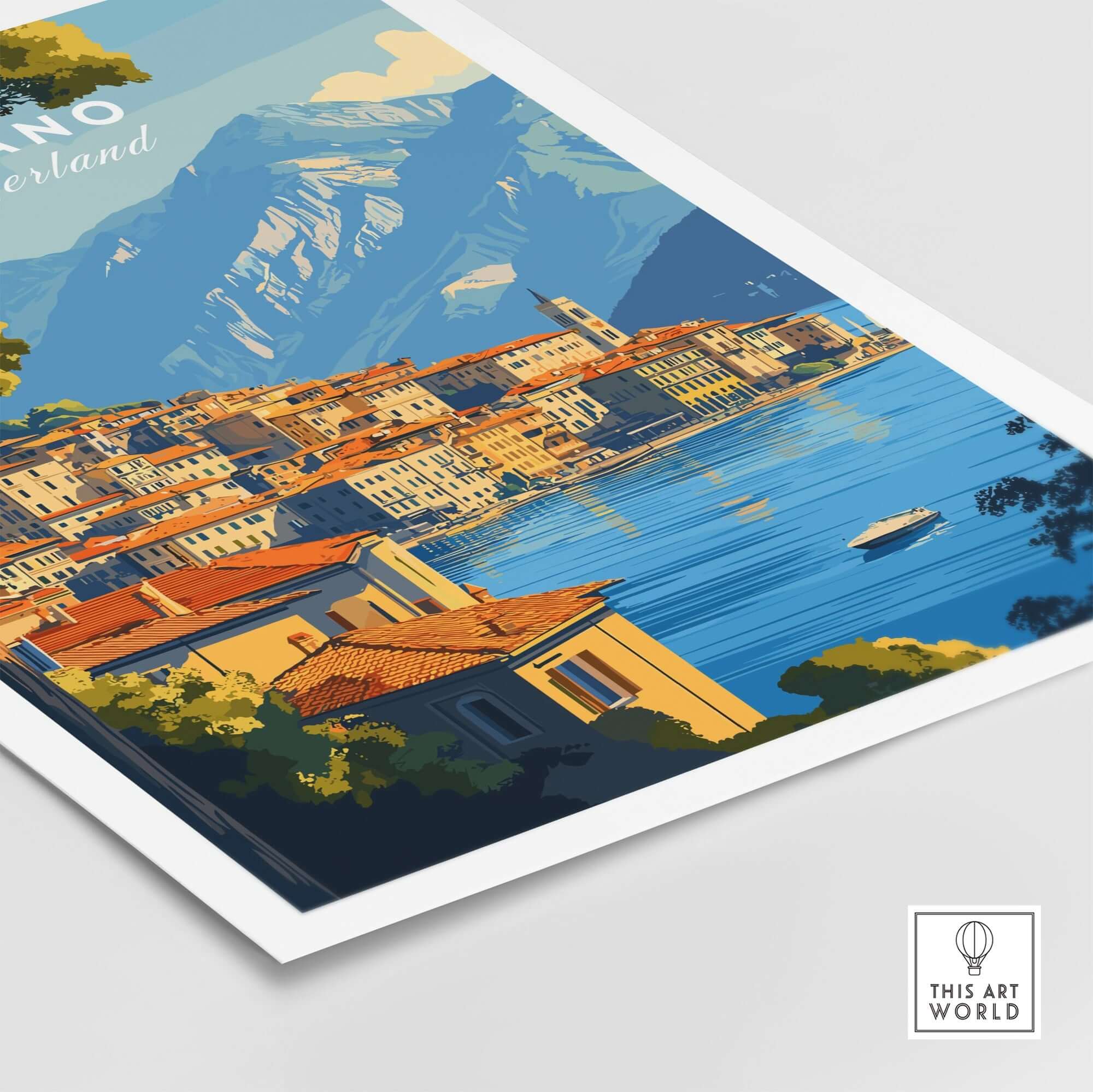 Lugano Travel Print featuring a scenic view of Lugano, Switzerland with mountains and a lake.