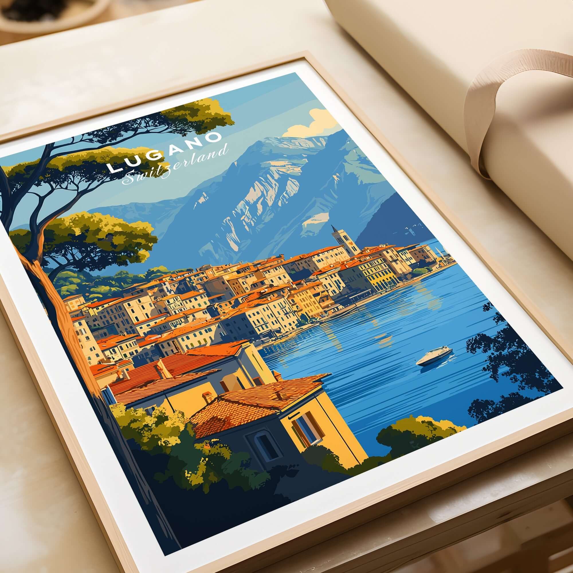 Lugano Travel Print showcasing the picturesque lakeside view and mountains of Lugano, Switzerland.