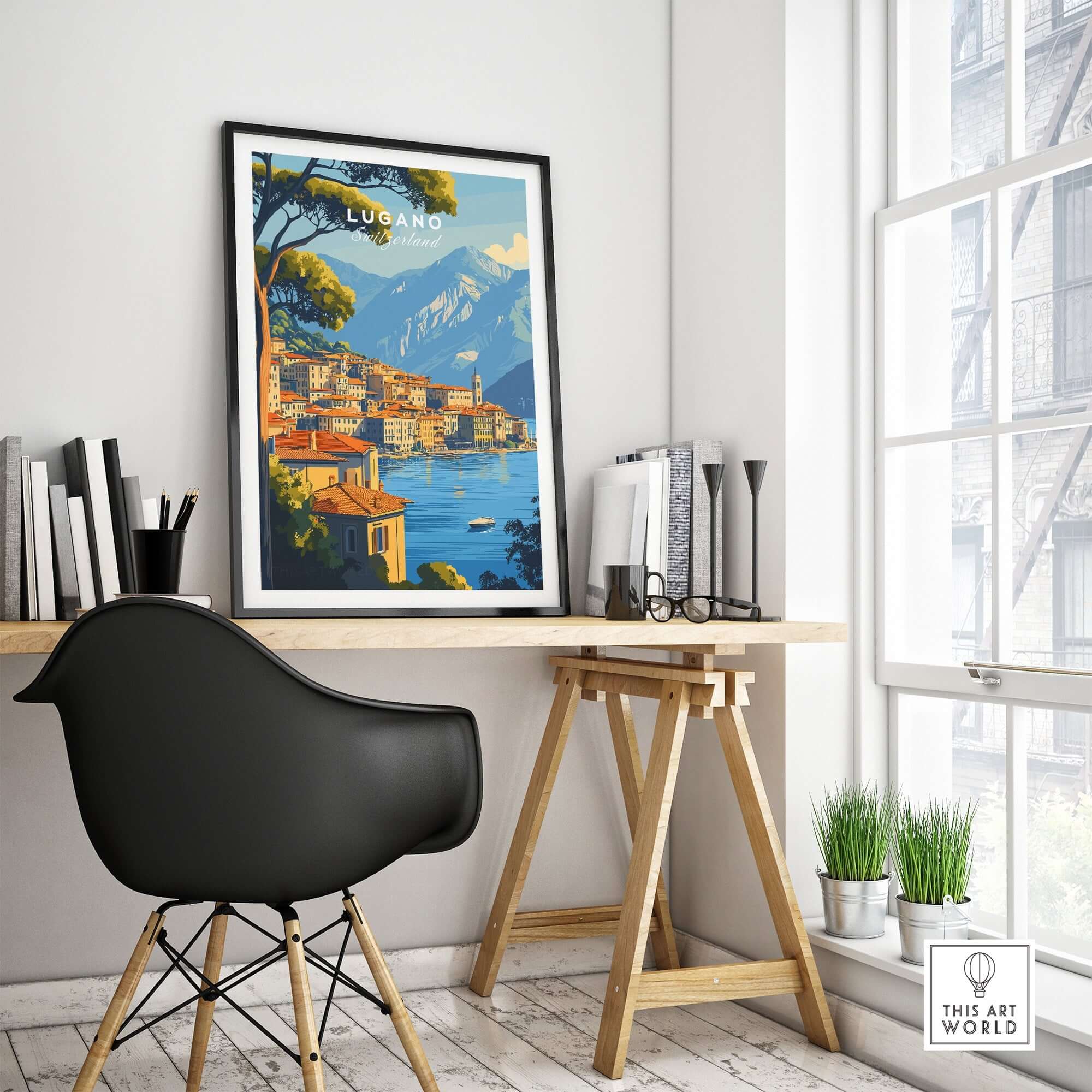 Lugano Travel Print showcased in a modern home office setting, enhancing the decor with a touch of wanderlust.