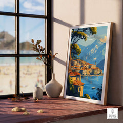 Lugano Travel Print showcasing a beautiful landscape with mountains and lake, perfect for travel decor.