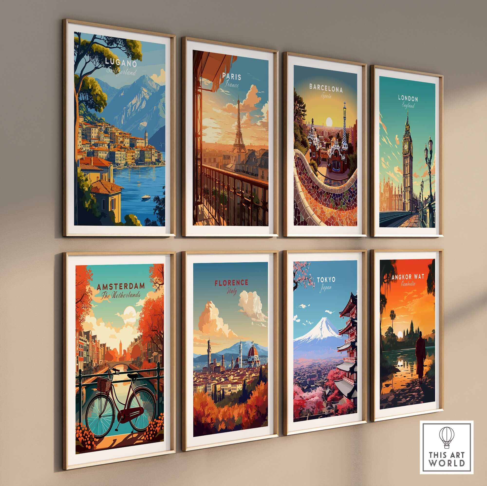 Lugano Travel Print among travel posters featuring iconic cities like Paris, Barcelona, London, Amsterdam, Florence, Tokyo.