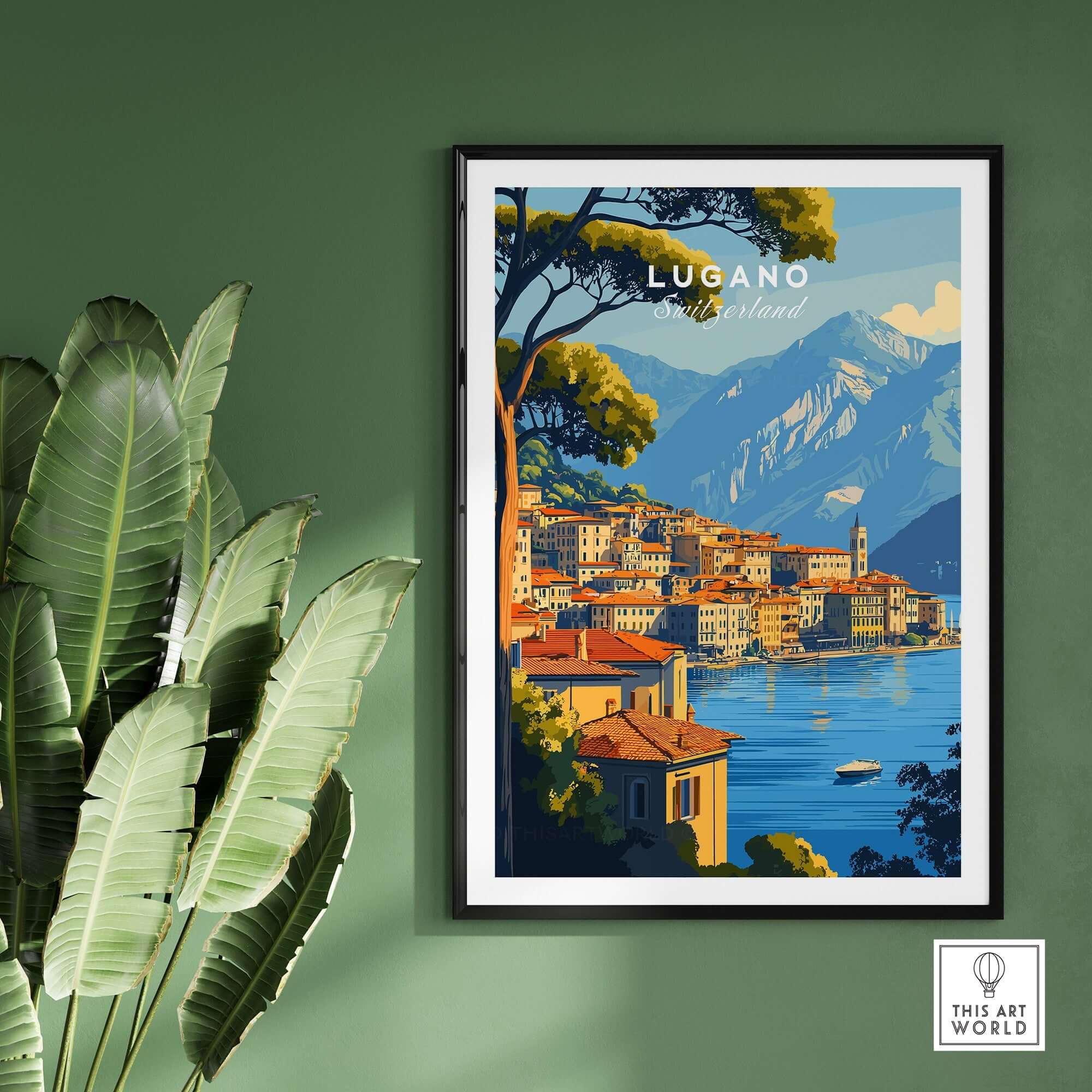 Lugano Travel Print showcasing the picturesque scenery of Lugano, Switzerland in vibrant colors.